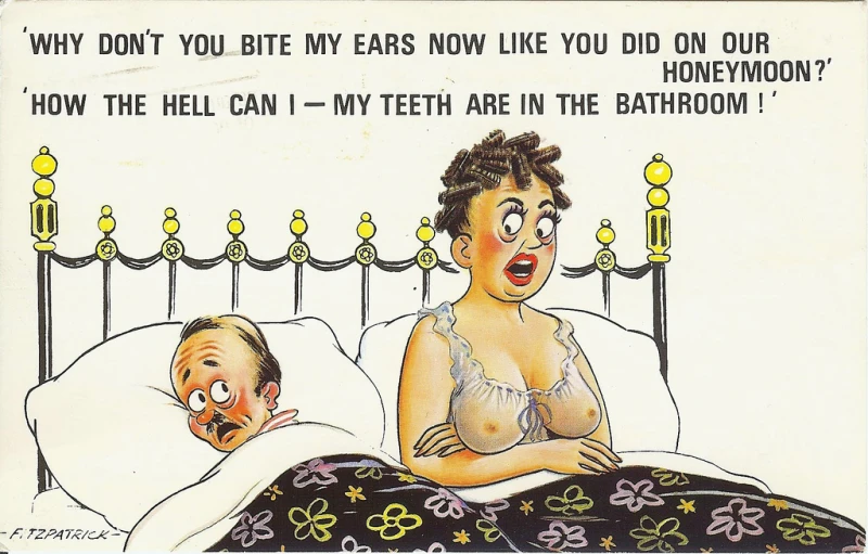an old cartoon depicting a man trying to sleep next to a  woman