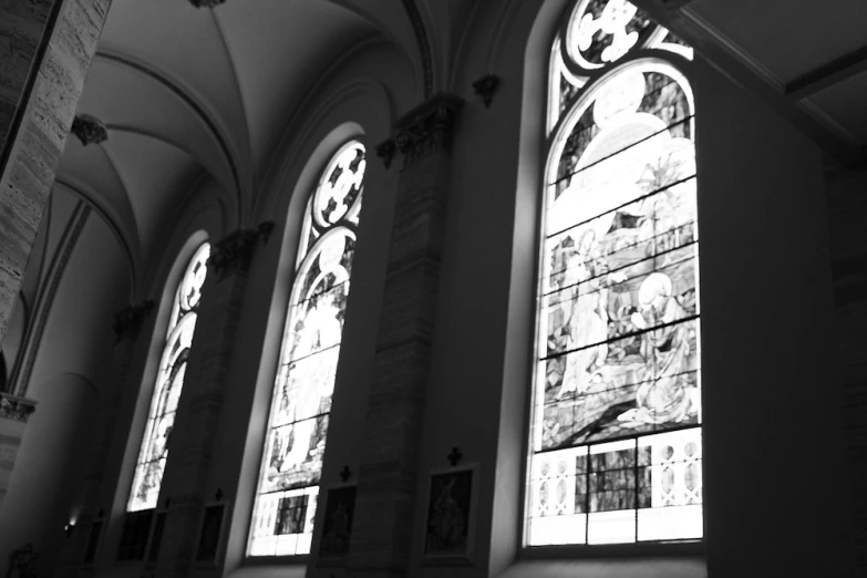 two high ceilings with very large stained glass windows