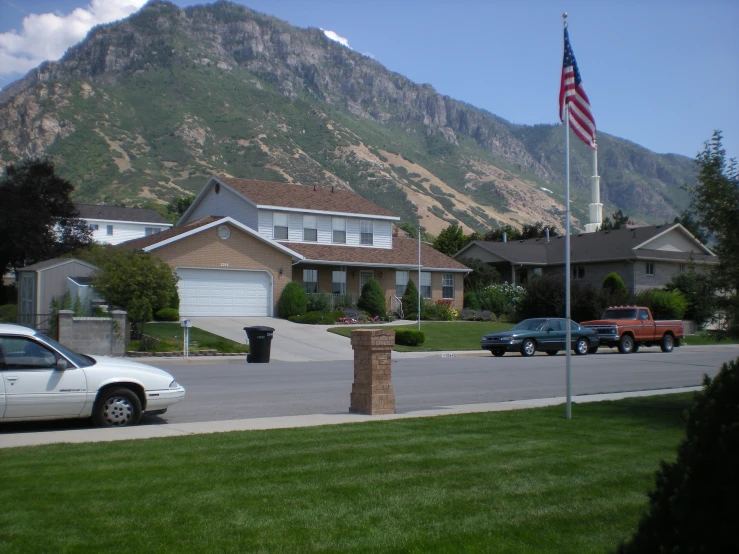 a flag pole with a large flag on it in front of some homes