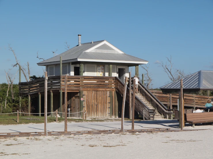 an over head view of a beach side hut with steps