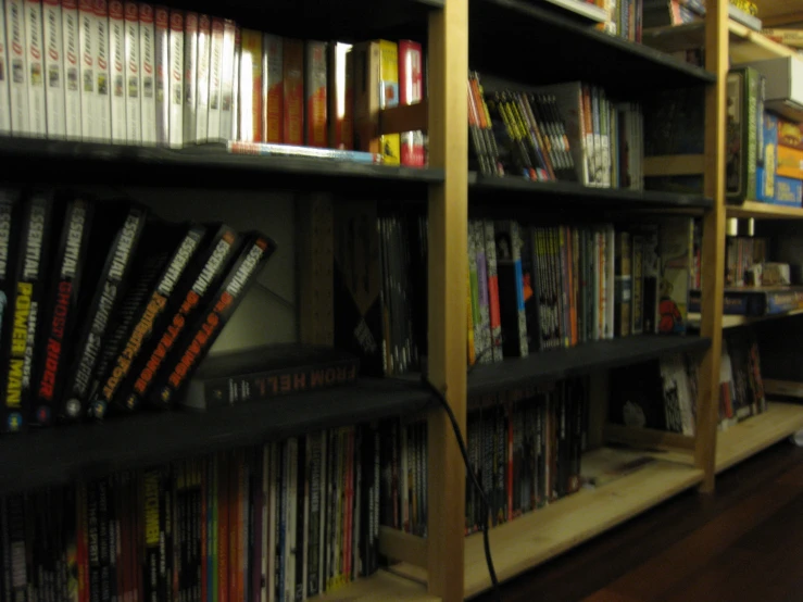 the shelves in the liry filled with various books