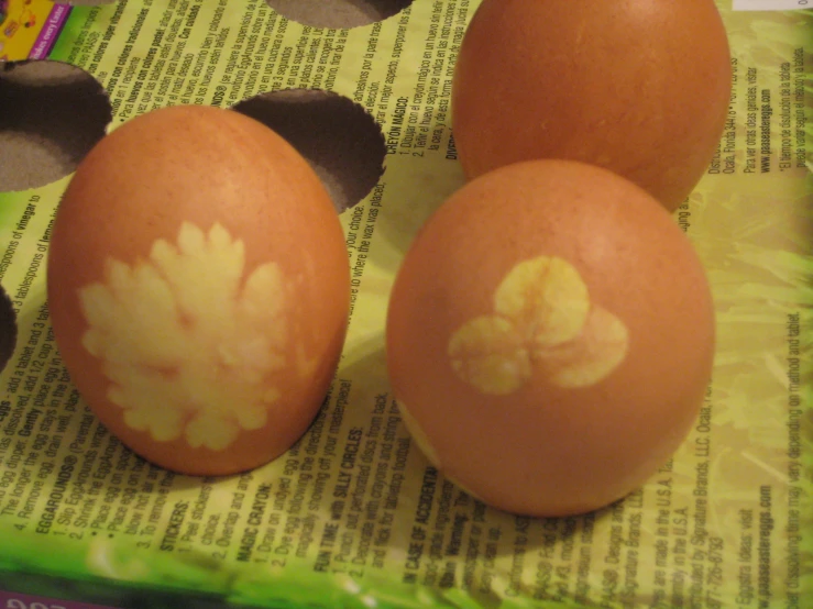 four brown eggs with some cut outs on them