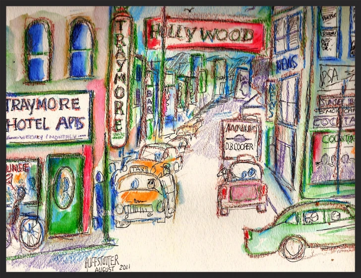 a drawing of a car driving down a street in new york