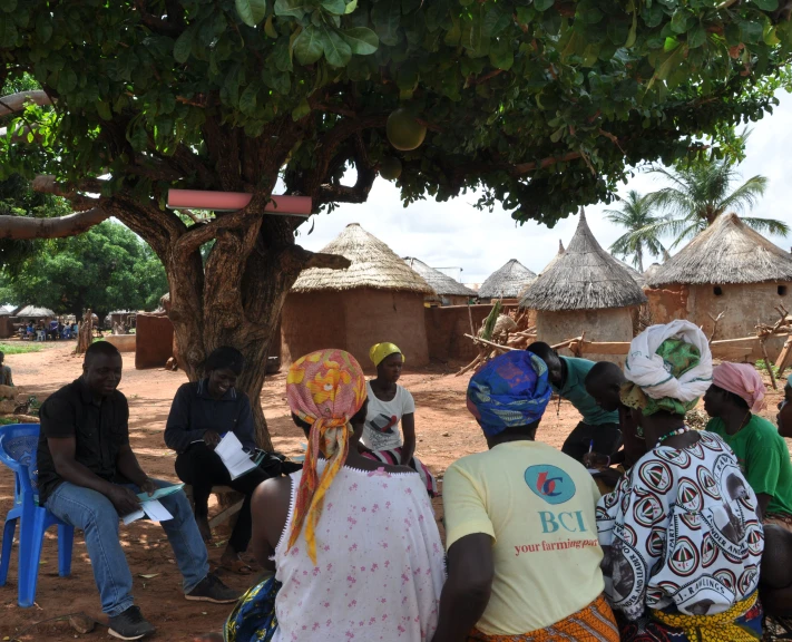 a group of people sitting in a circle underneath a tree