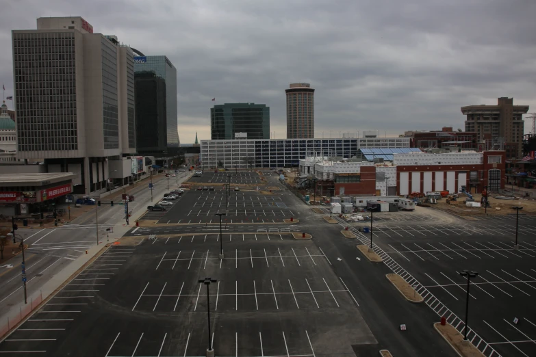 a city with a few tall buildings on either side