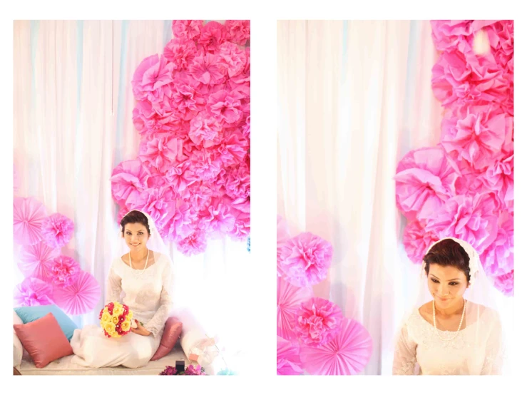 a girl in white dress and flowers on backdrop