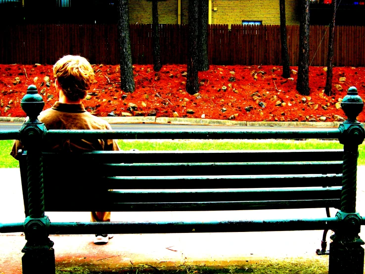 a woman is sitting alone on a park bench