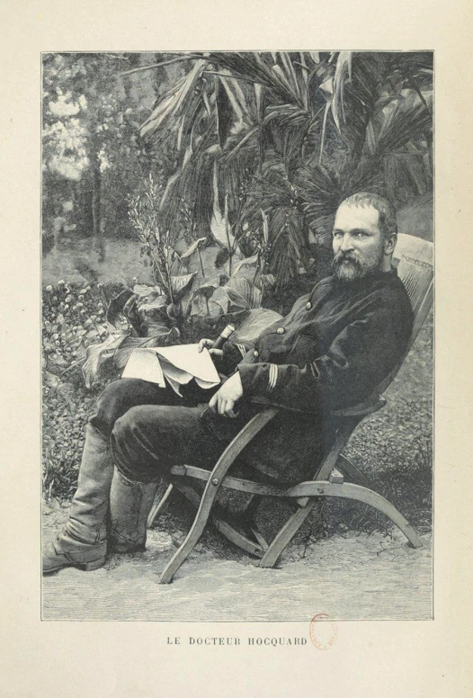 an old engraving of a man sitting on a lawn chair