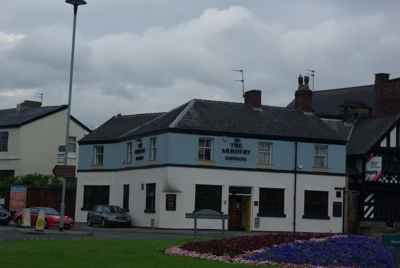 the blue building is on a corner street