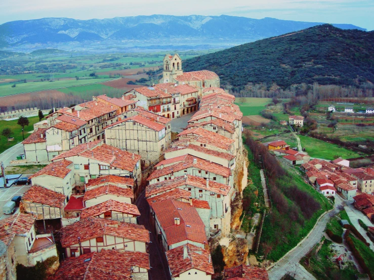 an aerial view of a village in the mountains