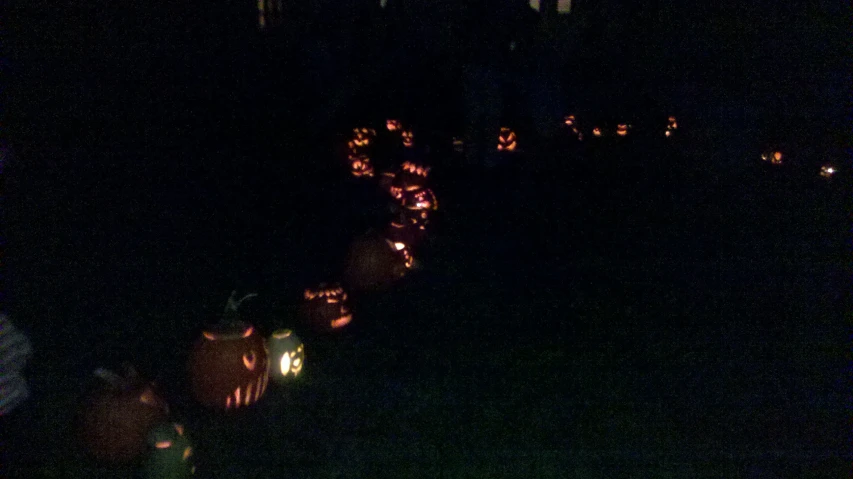 a group of pumpkins is lit up at night