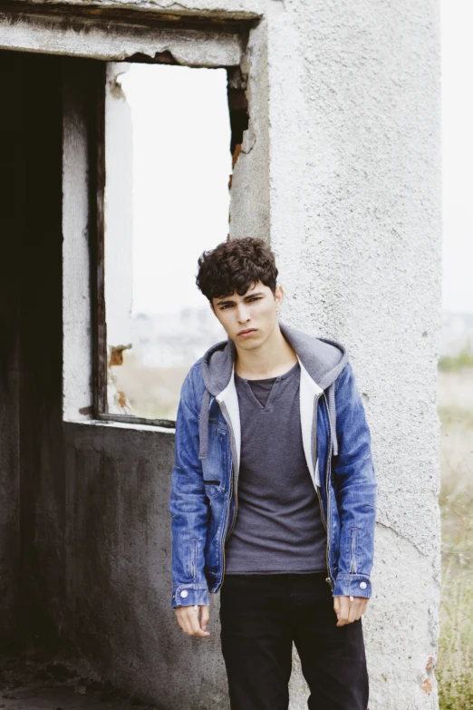 a man in a jean jacket leaning against a building