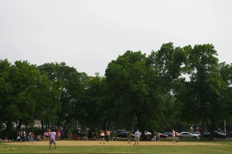 a group of people at a park flying a kite