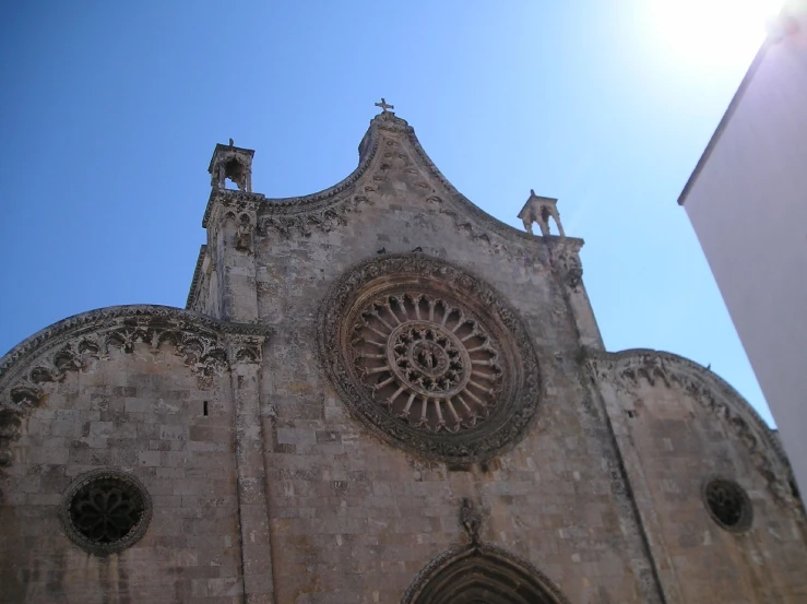 the top of a large church that is under a blue sky