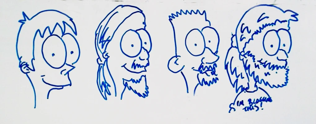 four cartoons with blue markers on them next to each other