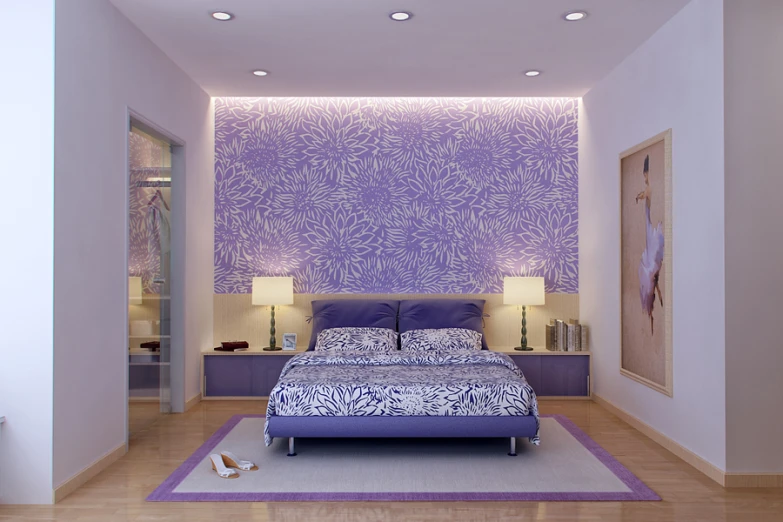 this room has a bed in the middle of it with a large purple flower wallpaper on the walls