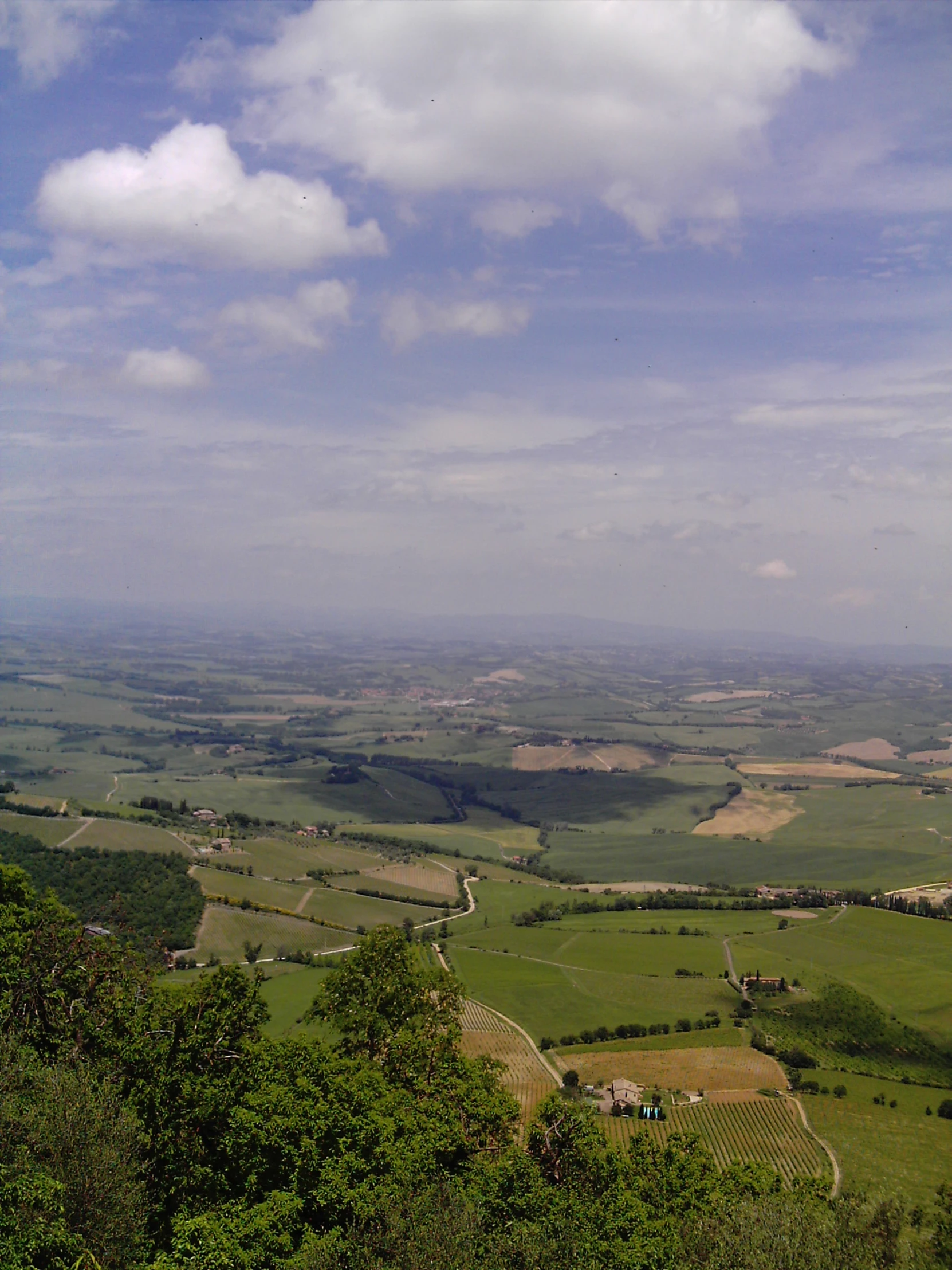 a distant aerial view of a field with trees