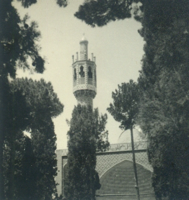 the clock tower stands among some trees and building