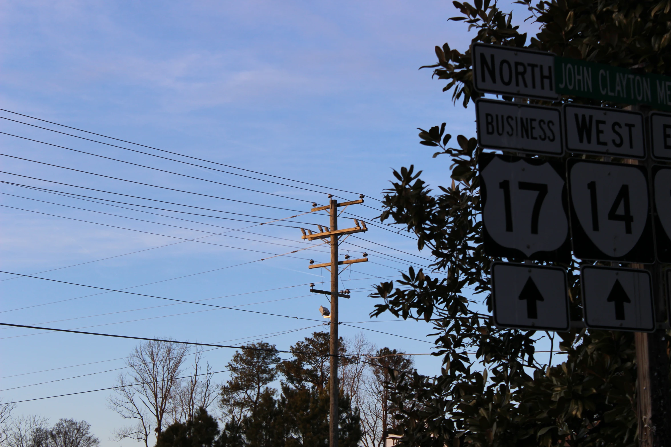 several street signs with telephone poles in the background