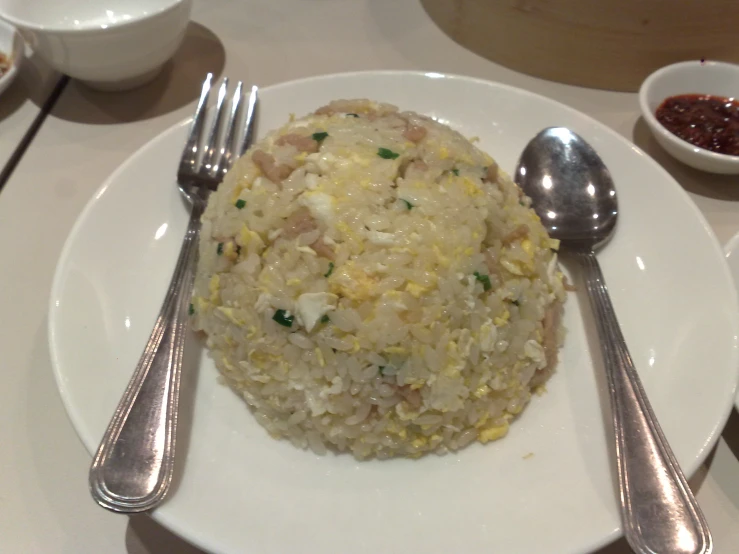 a plate with rice with a fork on it