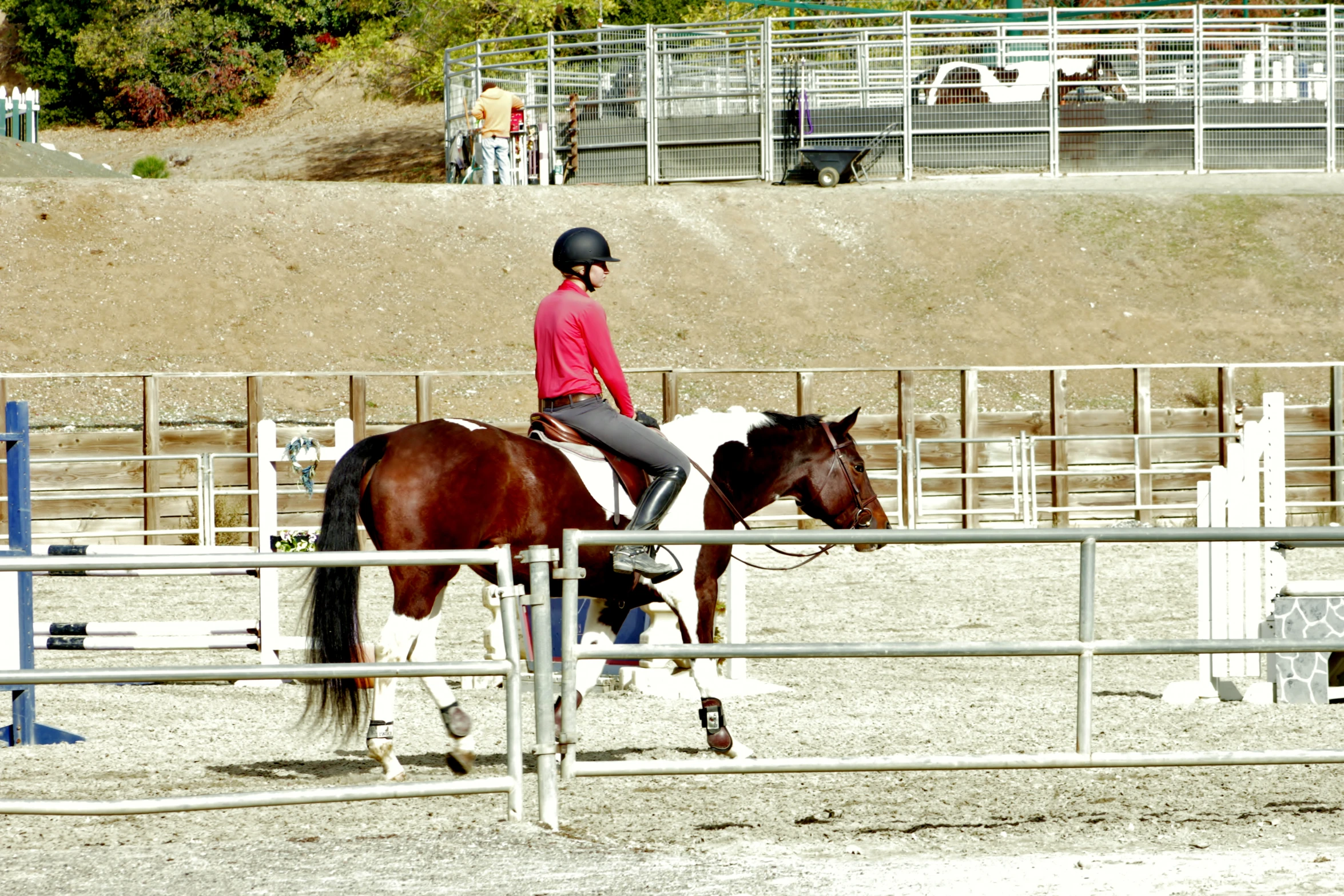 a person in a red jacket riding a horse