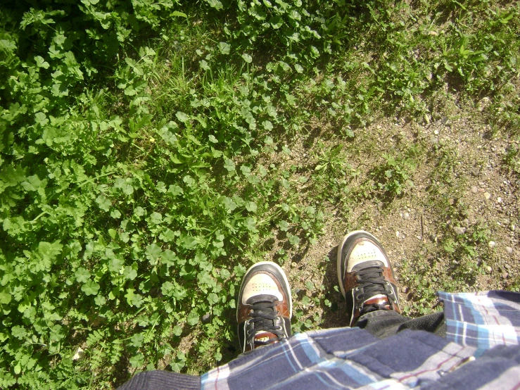 someone's legs and shoes sitting on the ground with leaves