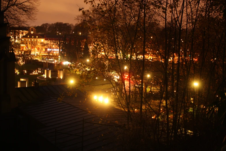 night time scene of building lights in front of trees