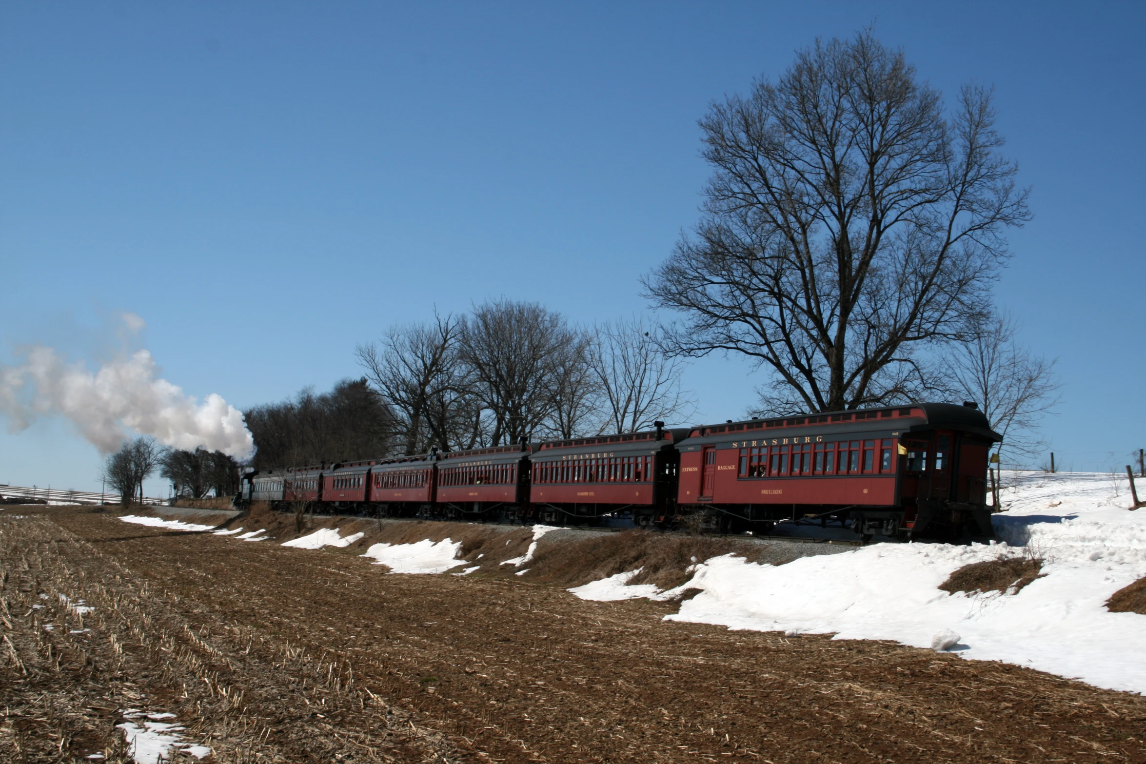 train running along track near snow and bare trees