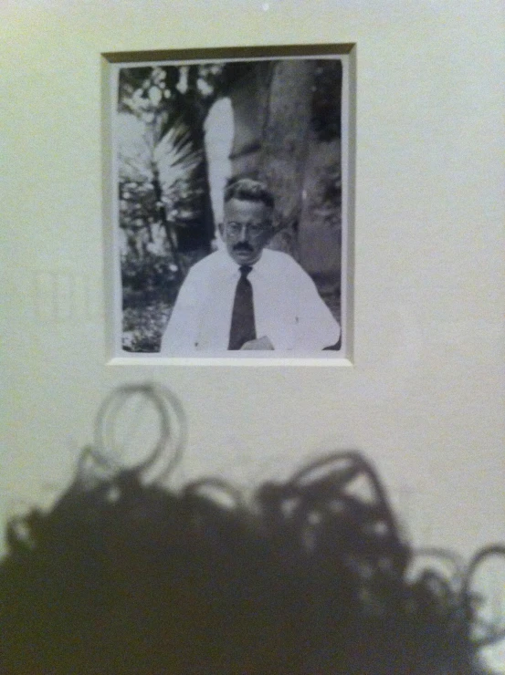 a framed po hanging on a wall with a hair drying basket