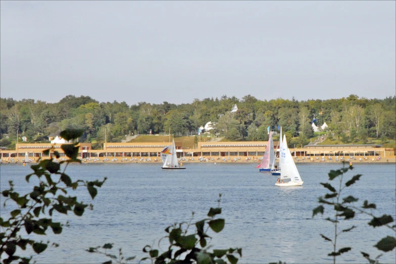 sailboats on a body of water near a parking lot