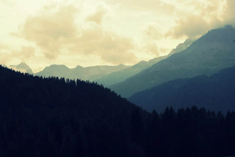 a tree - covered landscape of a hill surrounded by tall evergreens and clouds