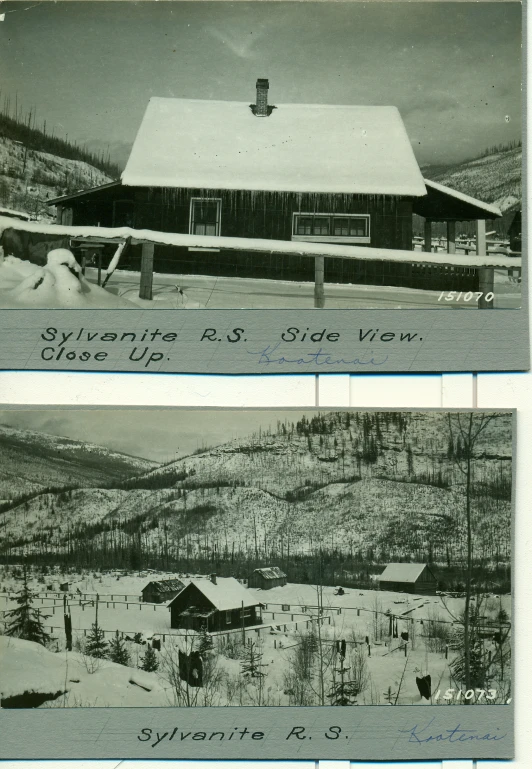 black and white pictures of snow covered mountains and houses