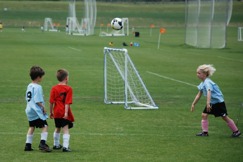 a group of children standing on a field with soccer balls