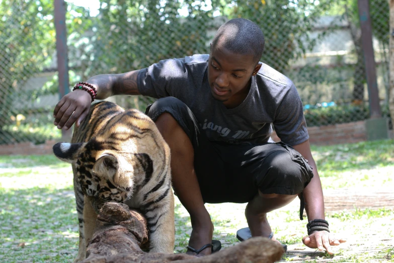 a boy is petting a tiger in a field