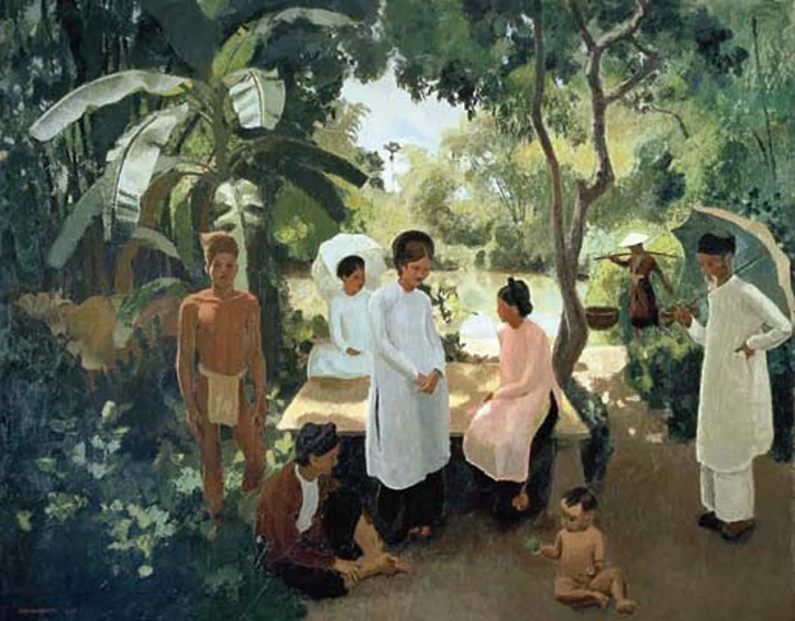 painting of group of people outdoors near a river