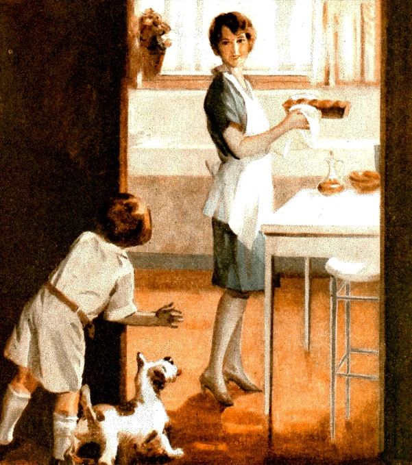 a child with an apron and two dogs on a kitchen floor