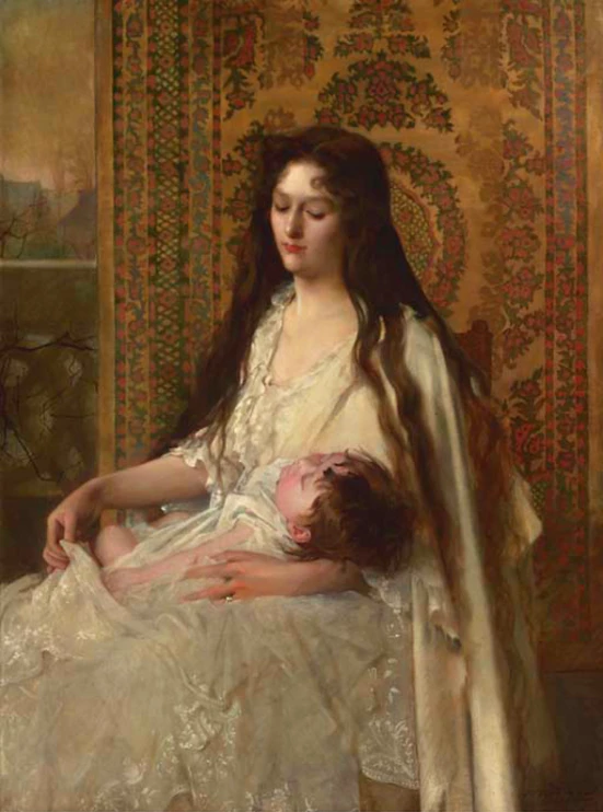 a painting of a woman holding a baby in a white gown