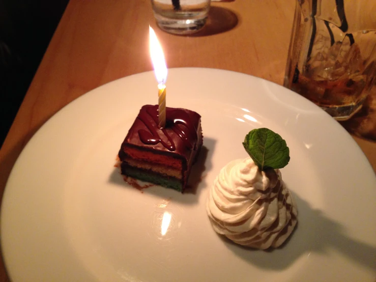 a dessert sits on a white plate next to a lit candle