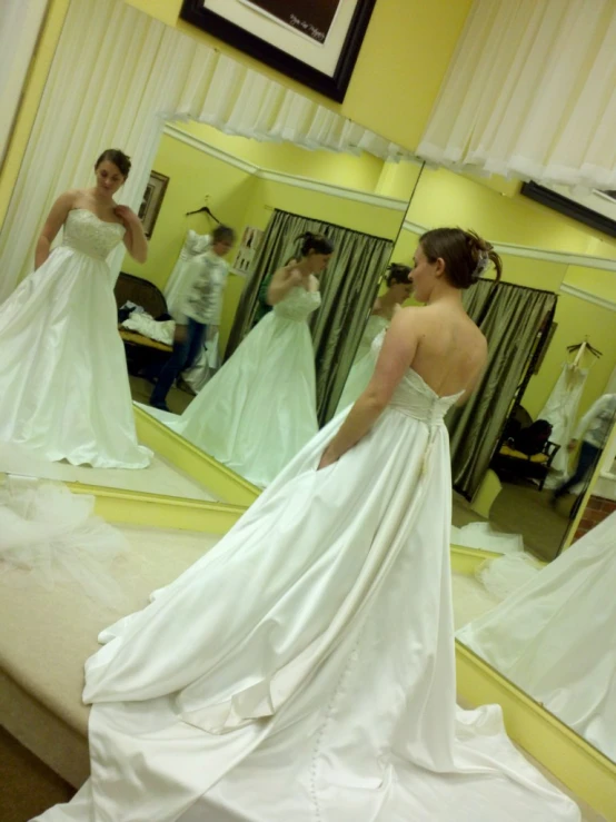 a woman in a dress with her back to the camera taking a po in a mirror
