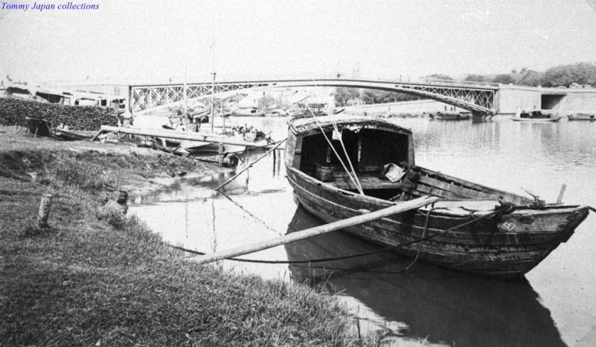 a small boat with a long bow sitting on the bank of a river