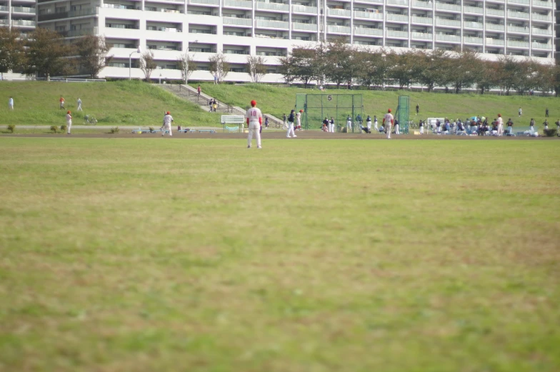 there are a group of people in a grassy field