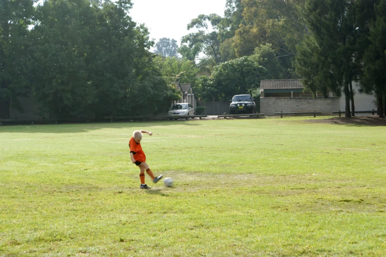 a child kicking a soccer ball on a field