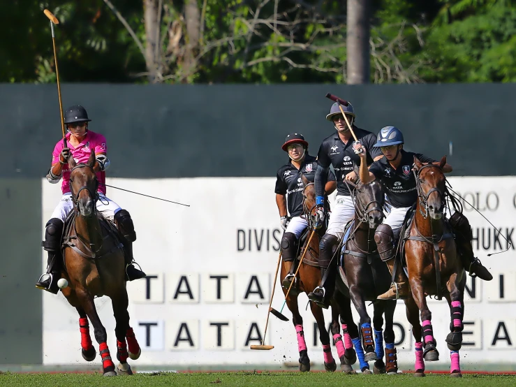 four men wearing black polo clothes playing polo on brown horses