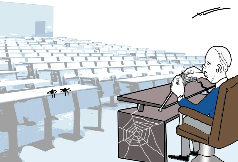 the cartoon depicts the man at his computer in a classroom