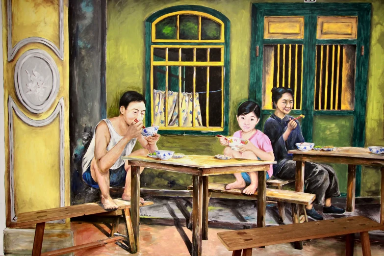 a painting of a couple eating food at a table