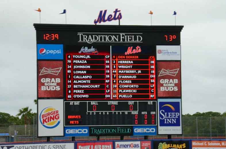 the scoreboard at an old baseball field