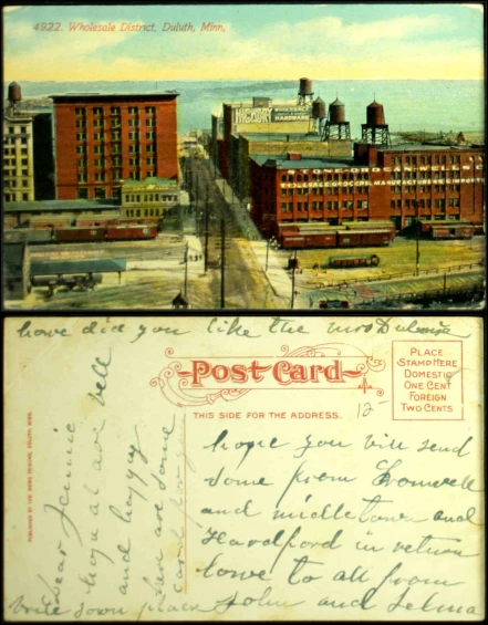 two postcards depicting post cards of a building and water
