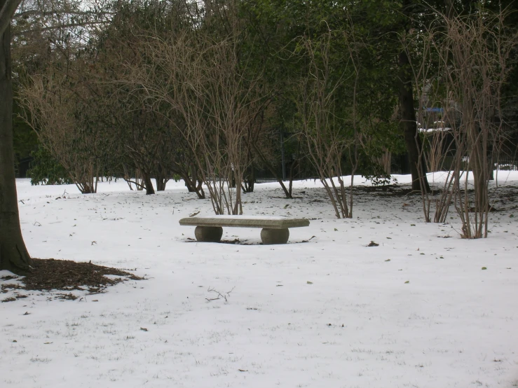 the white bench has snow on it