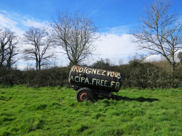 an old pickup truck sits in the grass