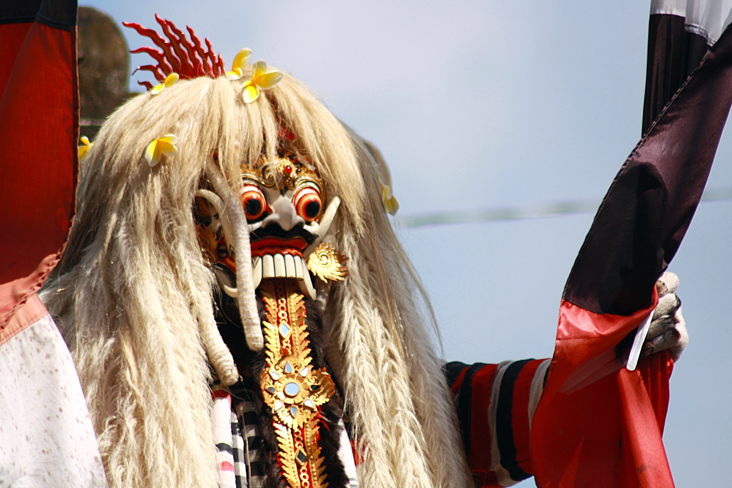 a costumed man holding onto a pole at an outdoor festival